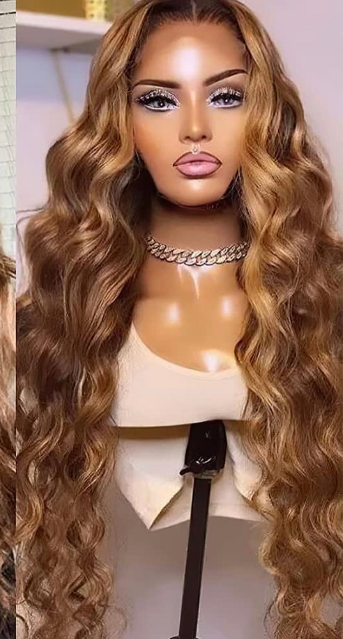 Brechlomeda 100% Brazilian Human Ombre Lace Front Wig Human Hair 5/27 Colored Body Wave Honey Blonde Lace Frontal Wigs 13x4 HD Transparent Lace Frontal Wigs Pre Plucked with Baby Hair Human
